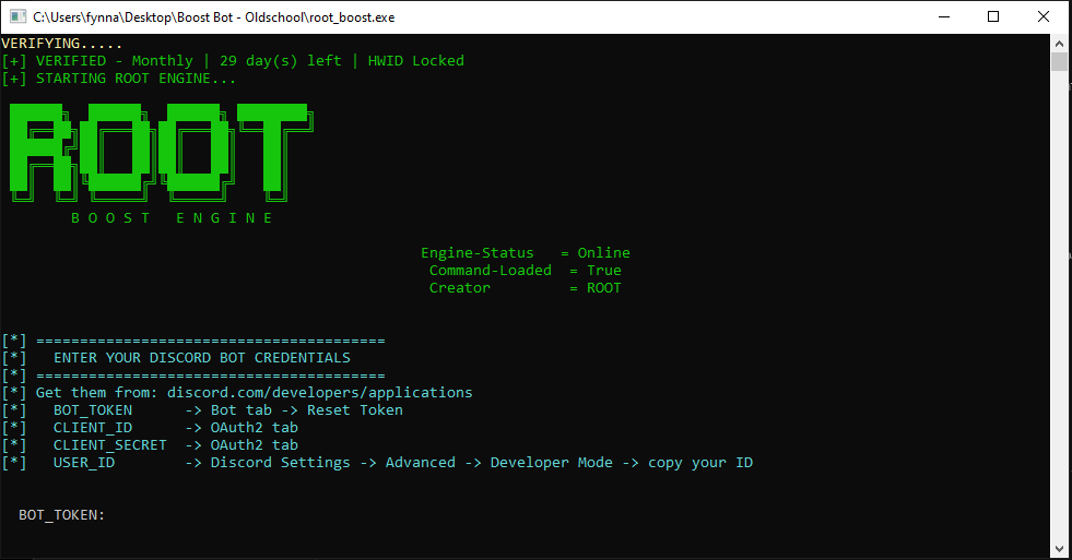 Root Boost Engine — Discord bot credentials setup