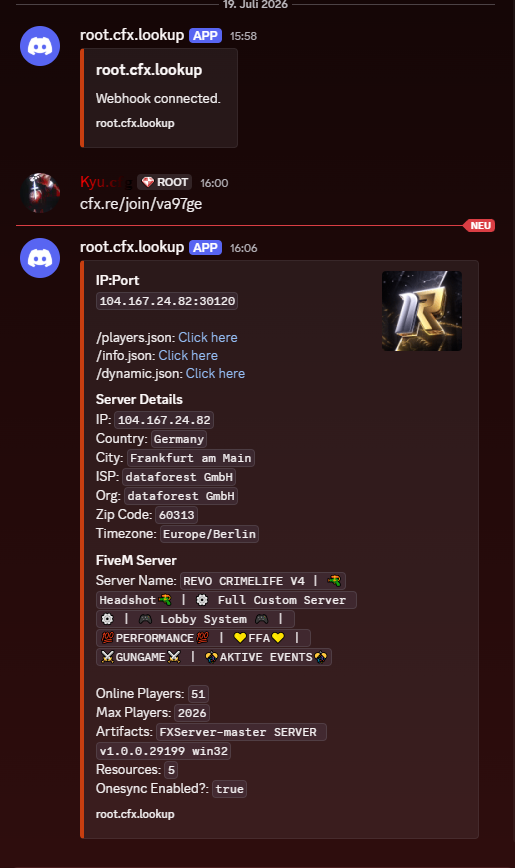 root.cfx.lookup Discord embed result